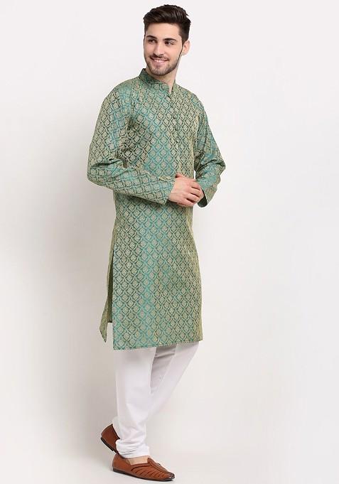 Green Woven Design Poly Blend Kurta For Men