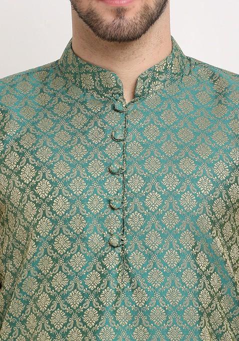 Green Woven Design Poly Blend Kurta For Men