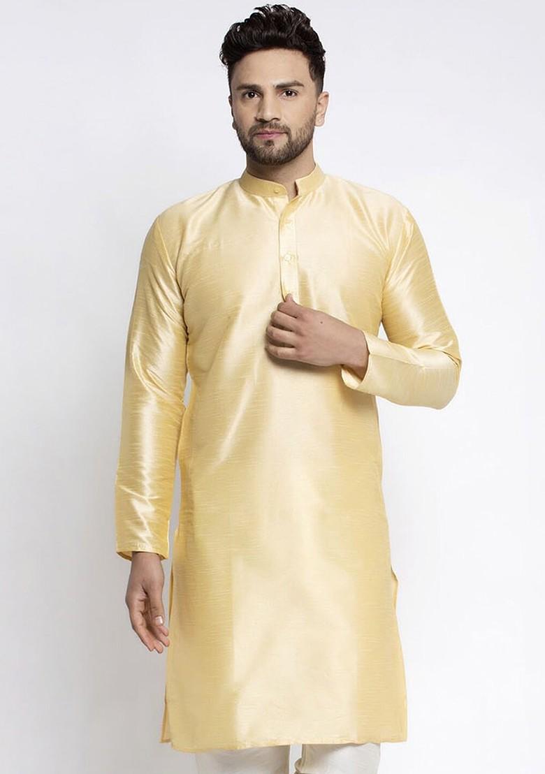 Gold Embroidered Poly Blend Kurta For Men