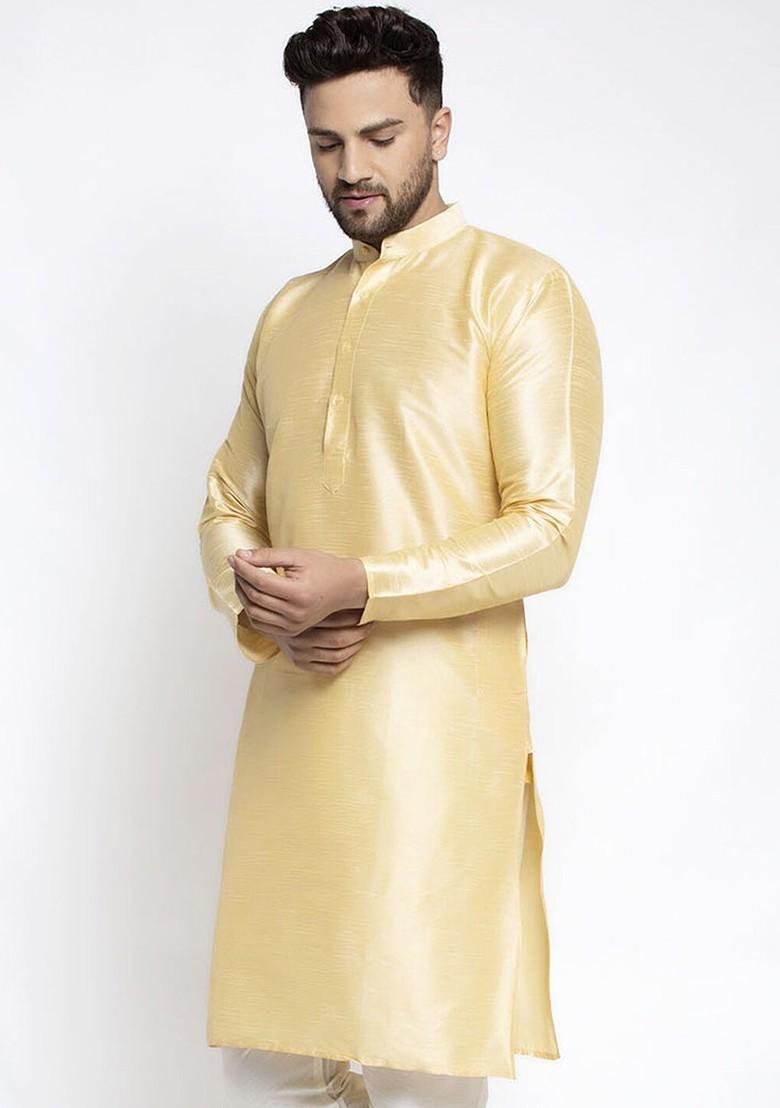 Gold Embroidered Poly Blend Kurta For Men
