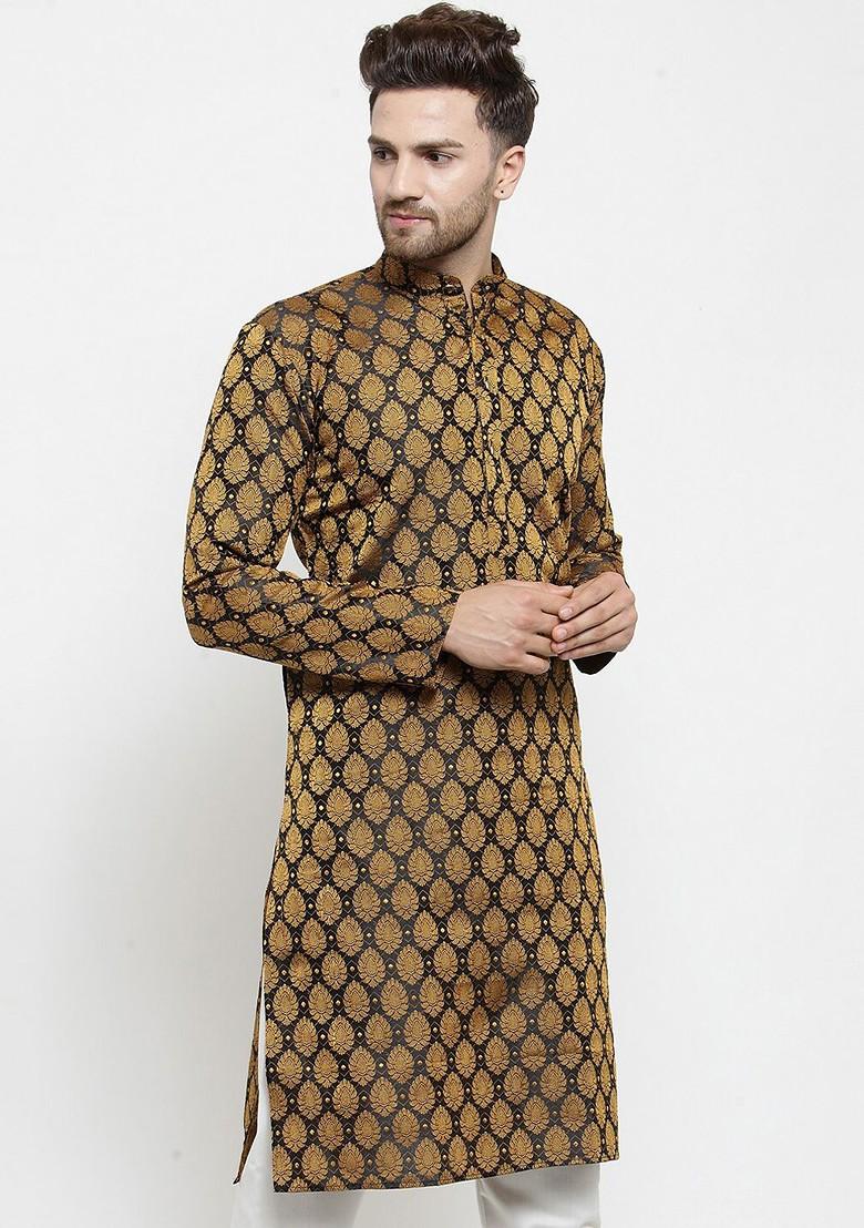 Black Ethnic Motif Poly Blend Kurta For Men
