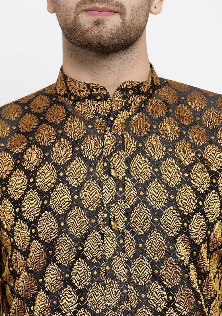 Black Ethnic Motif Poly Blend Kurta For Men