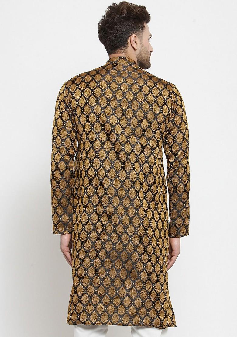 Black Ethnic Motif Poly Blend Kurta For Men