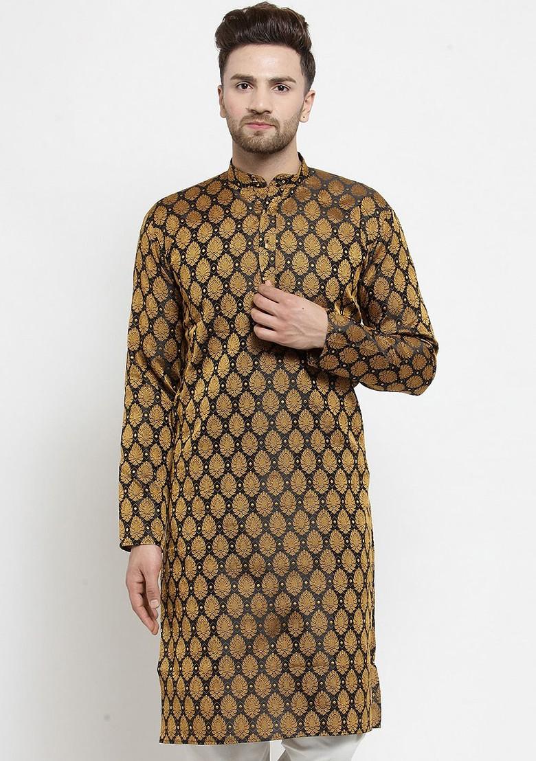 Black Ethnic Motif Poly Blend Kurta For Men