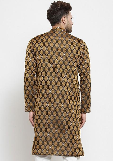 Black Ethnic Motif Poly Blend Kurta For Men