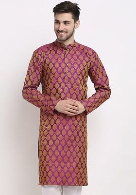 Pink Woven Design Poly Blend Kurta For Men