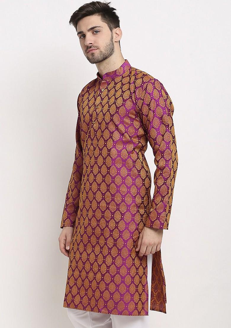 Pink Woven Design Poly Blend Kurta For Men