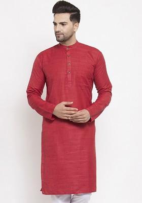 Red Embroidered Poly Blend Kurta For Men