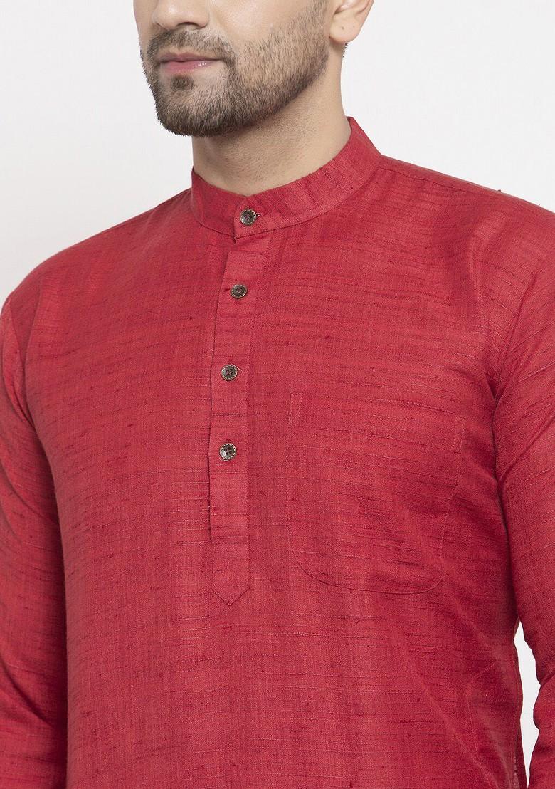 Red Embroidered Poly Blend Kurta For Men