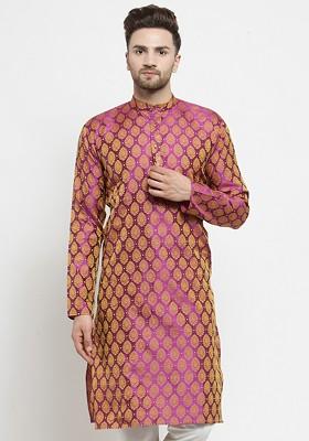 Pink Printed Poly Blend Kurta For Men