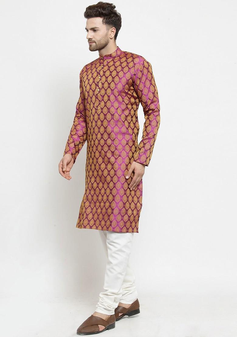 Pink Printed Poly Blend Kurta For Men