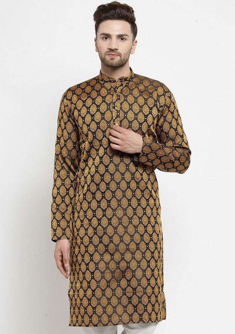 Black Printed Poly Blend Kurta For Men