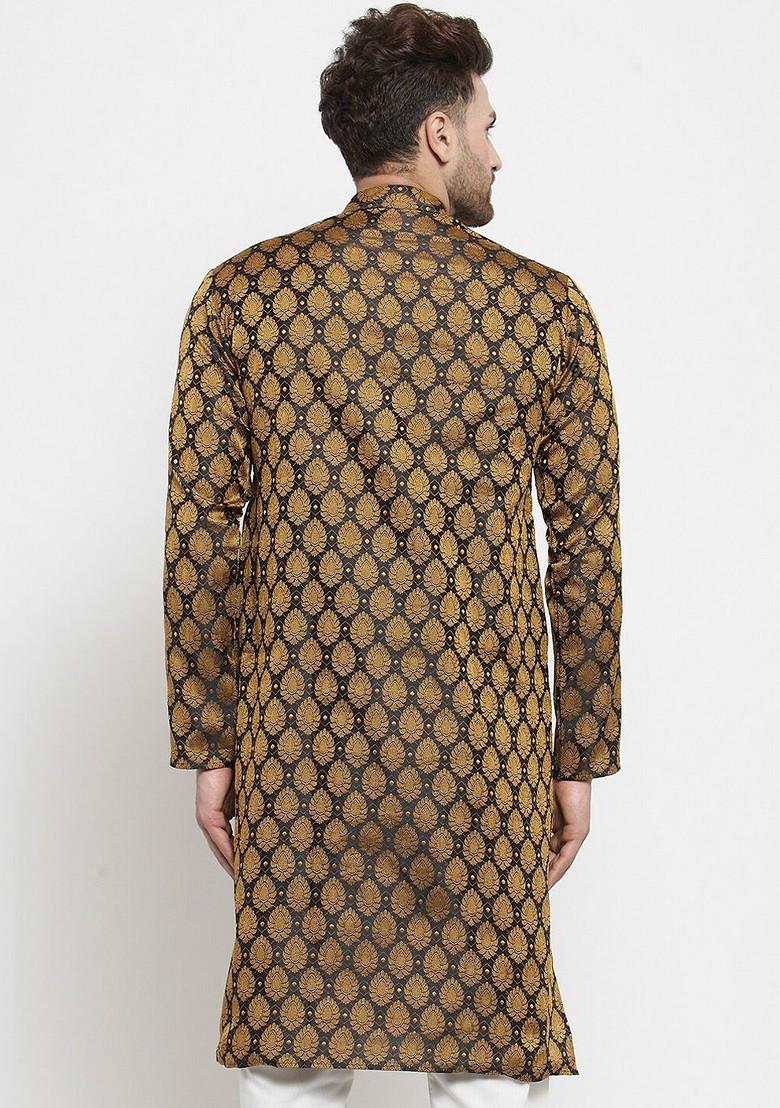 Black Printed Poly Blend Kurta For Men