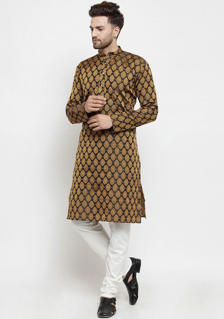 Black Printed Poly Blend Kurta For Men