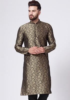 Gold Woven Design Poly Blend Kurta For Men