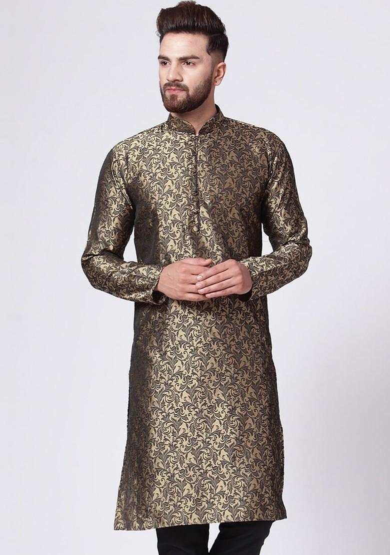 Gold Woven Design Poly Blend Kurta For Men