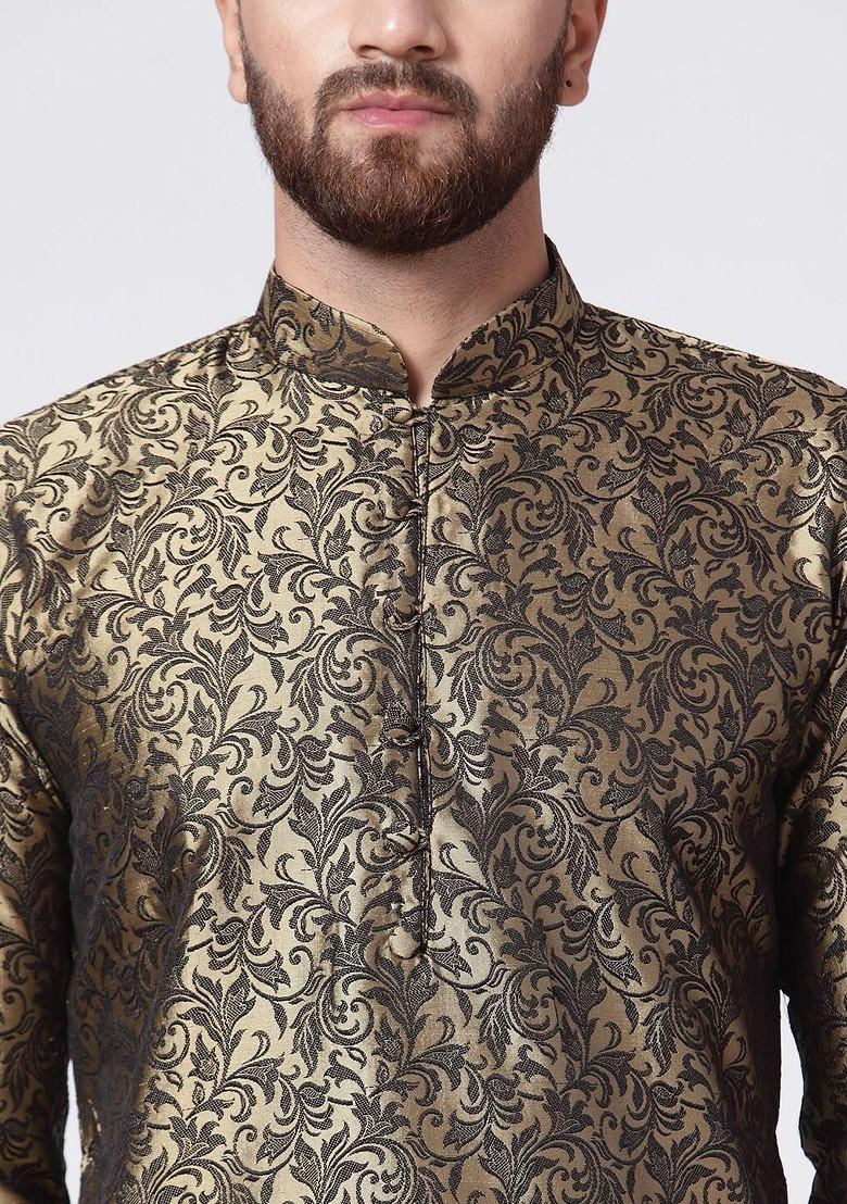 Gold Woven Design Poly Blend Kurta For Men