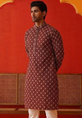 Maroon Embroidered Poly Blend Kurta For Men