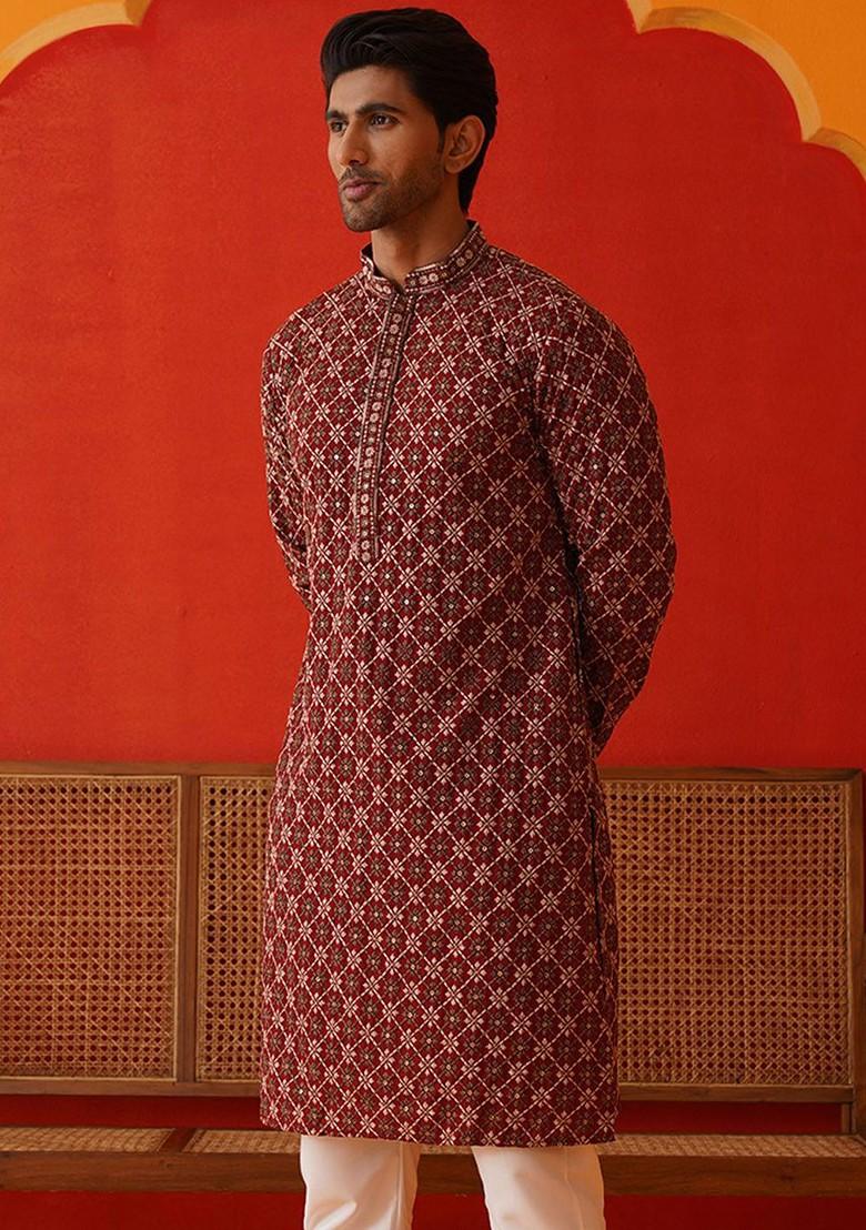 Maroon Embroidered Poly Blend Kurta For Men