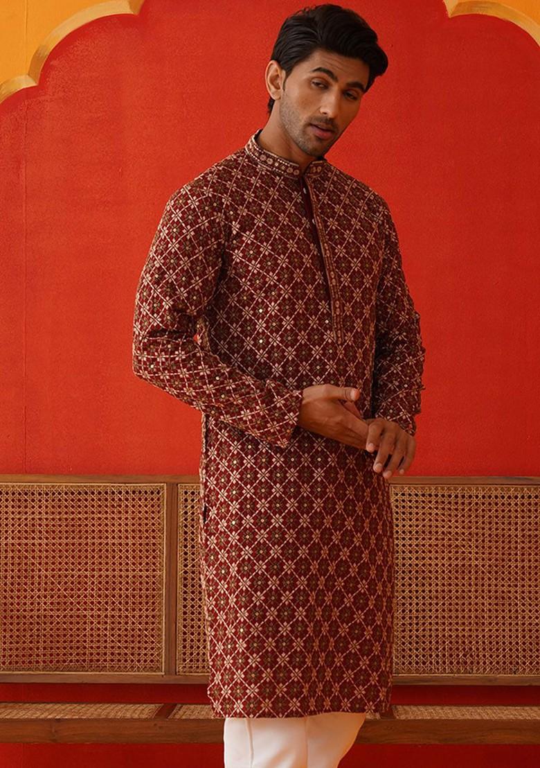 Maroon Embroidered Poly Blend Kurta For Men