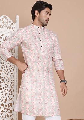 Peach Printed Poly Blend Kurta For Men