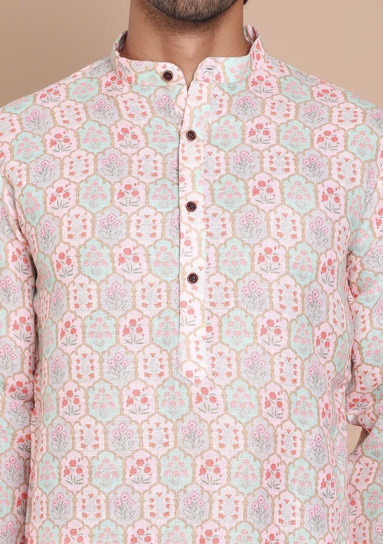Peach Printed Poly Blend Kurta For Men