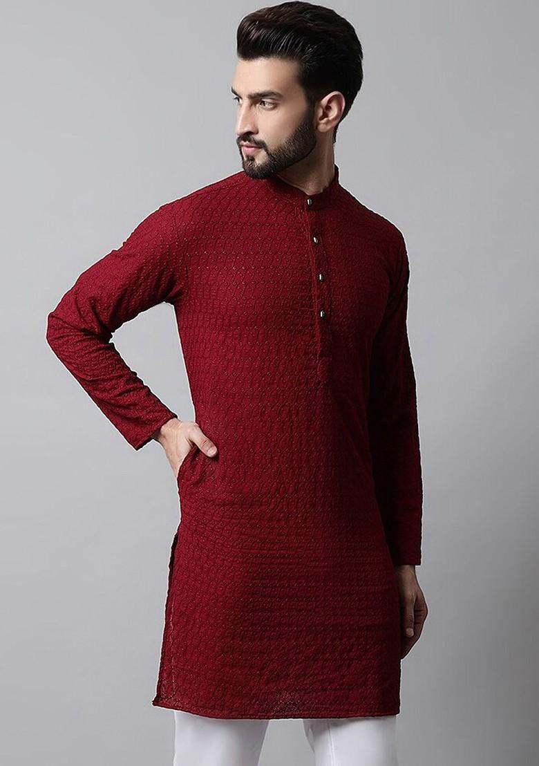 Maroon Embroidered Poly Blend Kurta For Men