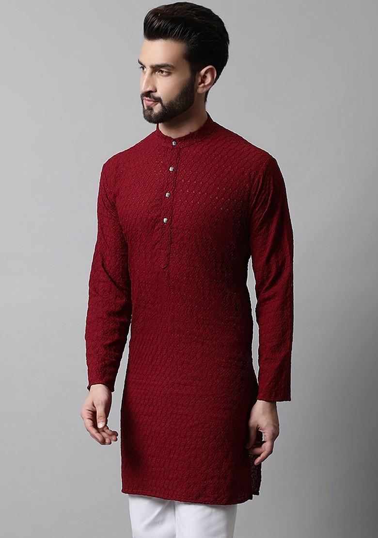 Maroon Embroidered Poly Blend Kurta For Men
