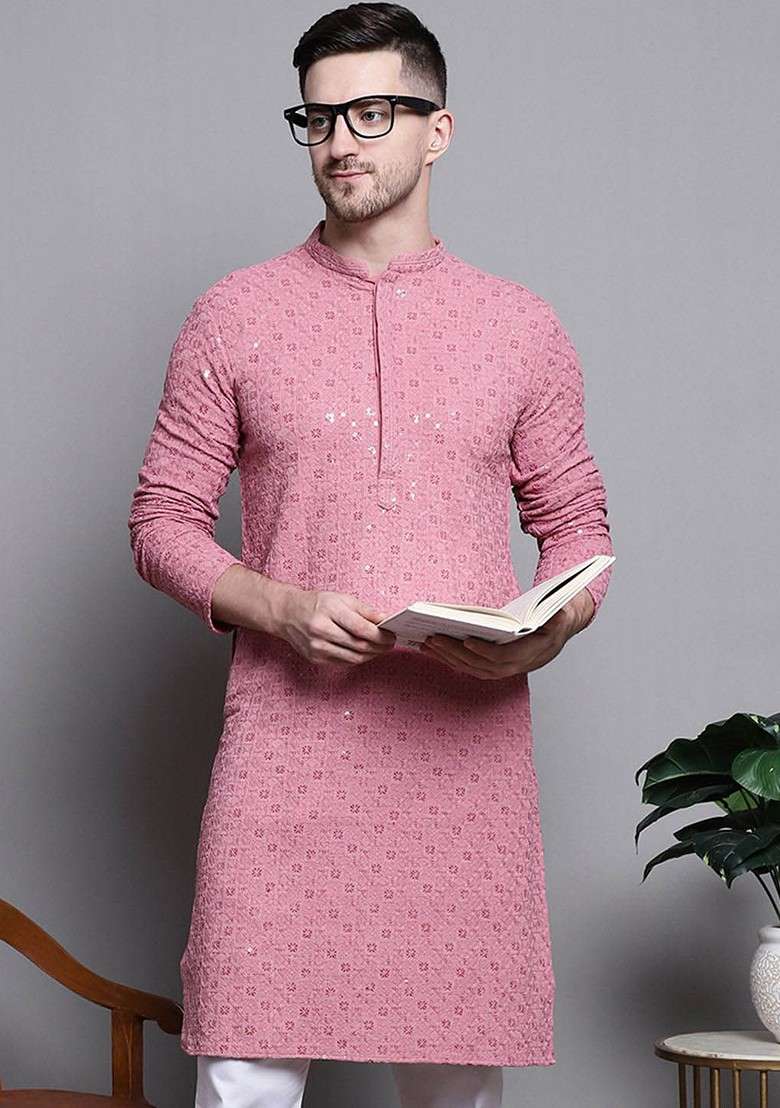 Coral Embroidered Poly Blend Kurta For Men - Indya