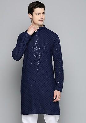 Navy Blue Ethnic Motif Poly Blend Kurta For Men
