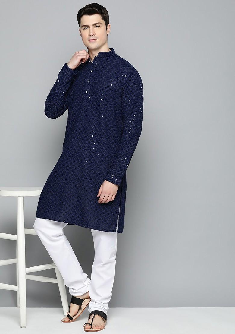 Navy Blue Ethnic Motif Poly Blend Kurta For Men