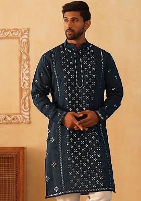 Teal Blue Embroidered Poly Blend Kurta For Men