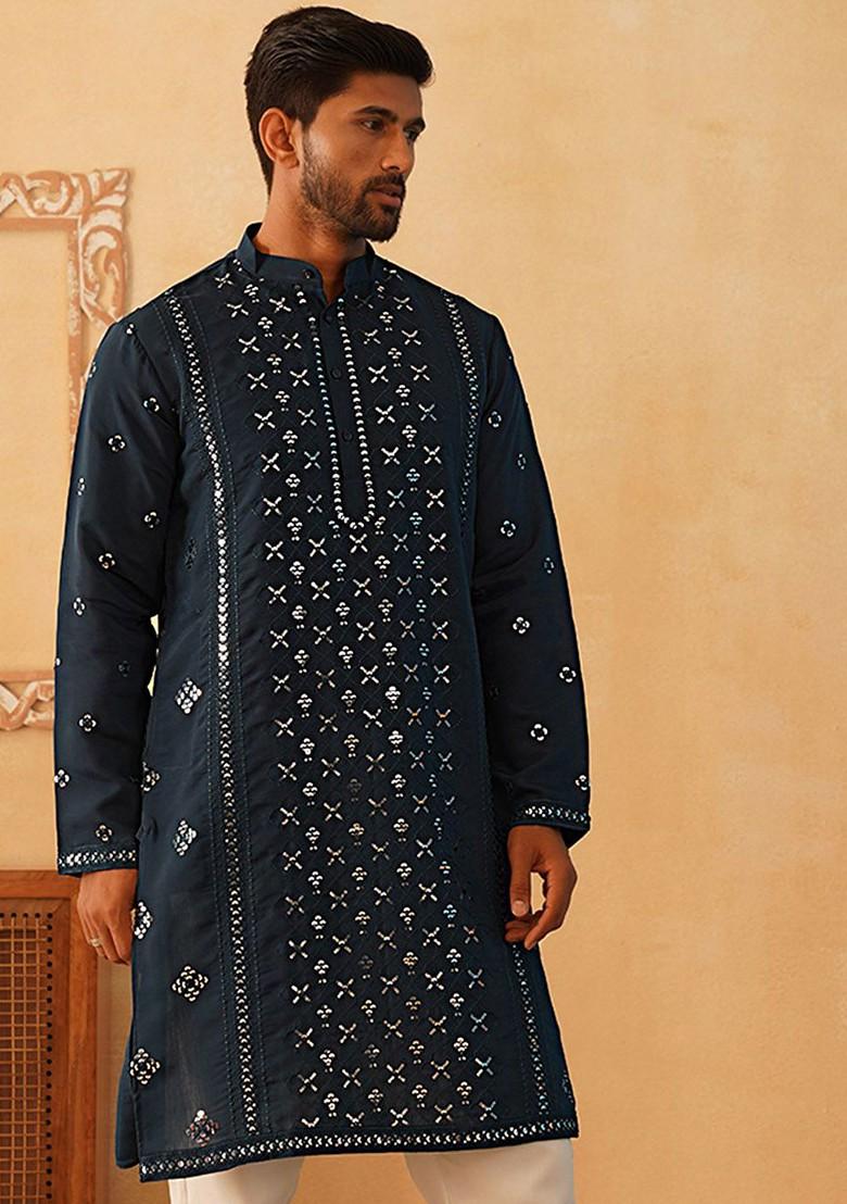 Teal Blue Embroidered Poly Blend Kurta For Men