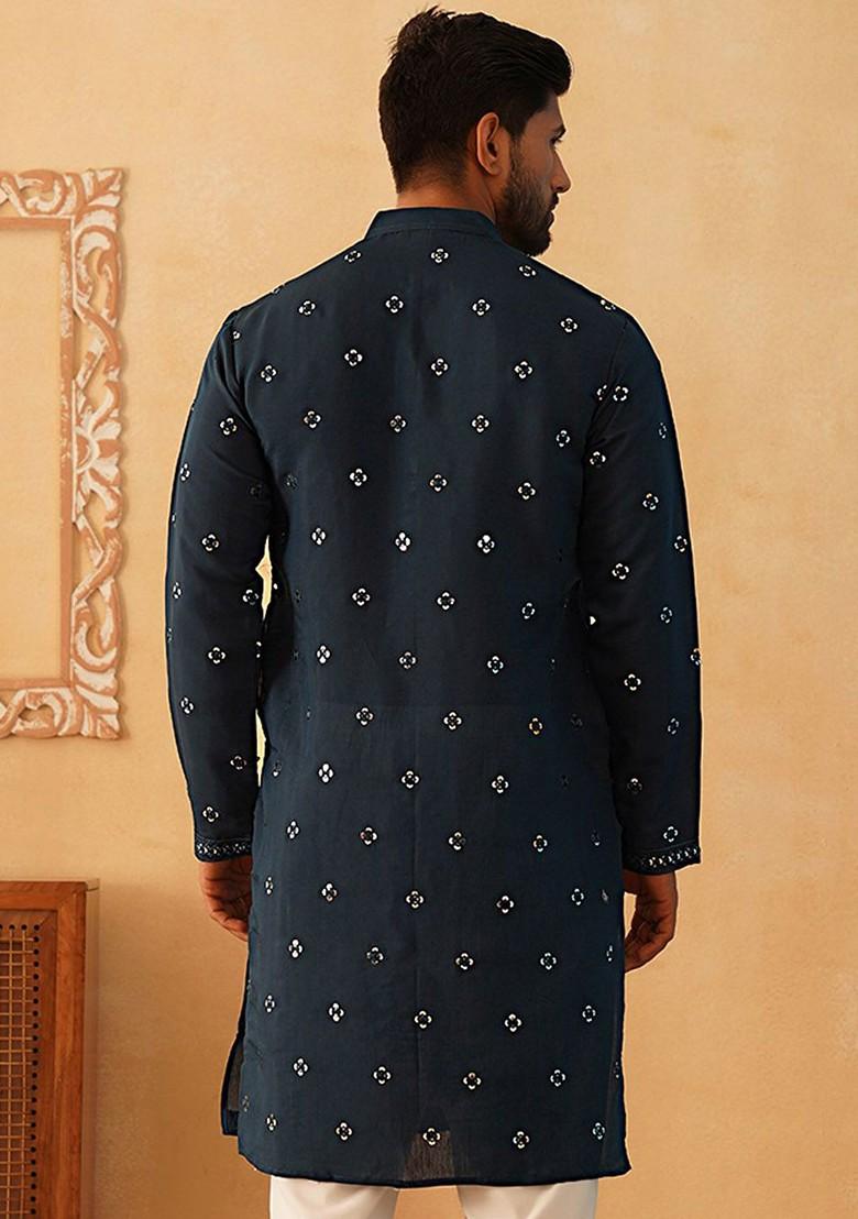Teal Blue Embroidered Poly Blend Kurta For Men