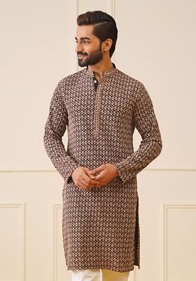 Black Printed Poly Blend Kurta For Men