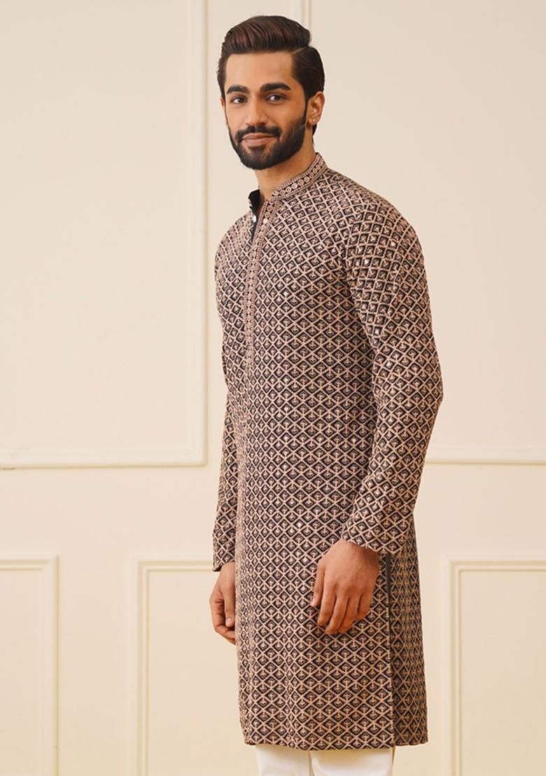 Black Printed Poly Blend Kurta For Men