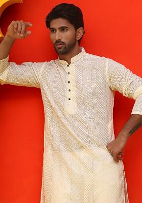 Cream Embroidered Poly Blend Kurta For Men