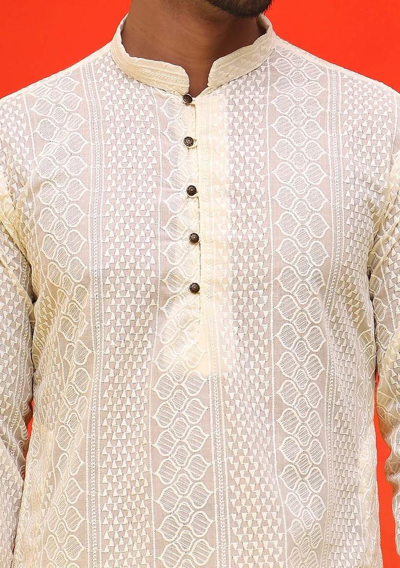 Cream Embroidered Poly Blend Kurta For Men
