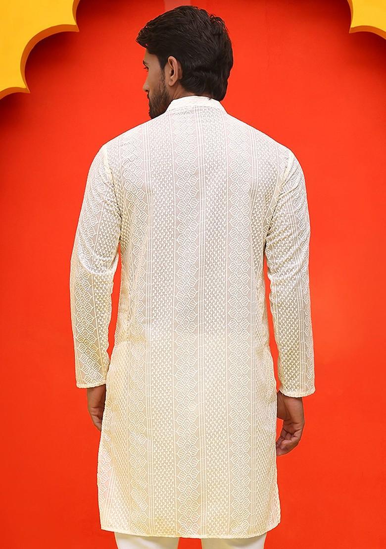 Cream Embroidered Poly Blend Kurta For Men