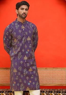 Purple Printed Poly Blend Kurta For Men