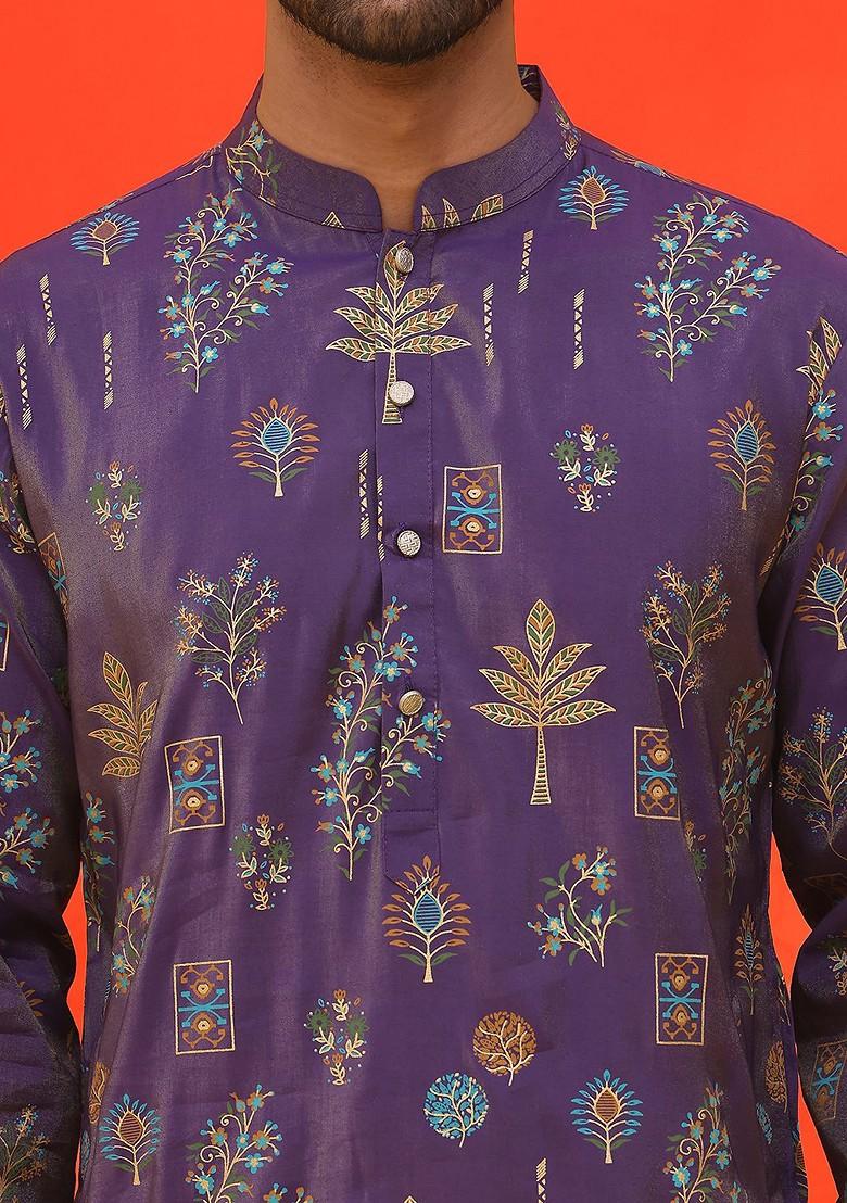 Purple Printed Poly Blend Kurta For Men