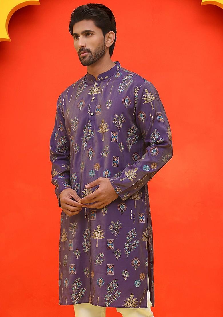 Purple Printed Poly Blend Kurta For Men