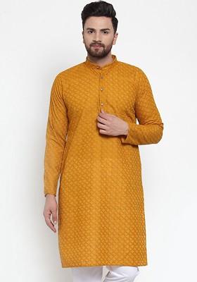 Yellow Printed Poly Blend Kurta For Men