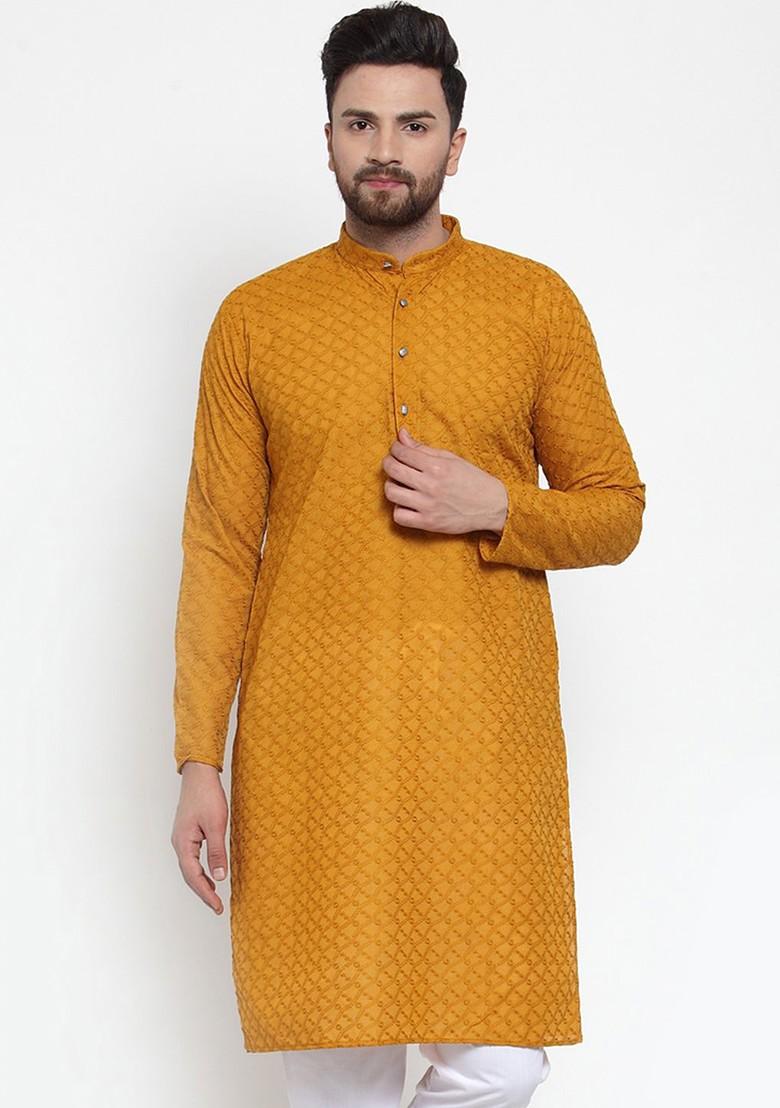 Yellow Printed Poly Blend Kurta For Men