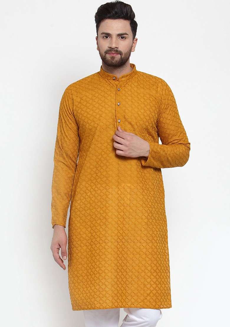 Yellow Printed Poly Blend Kurta For Men - Indya