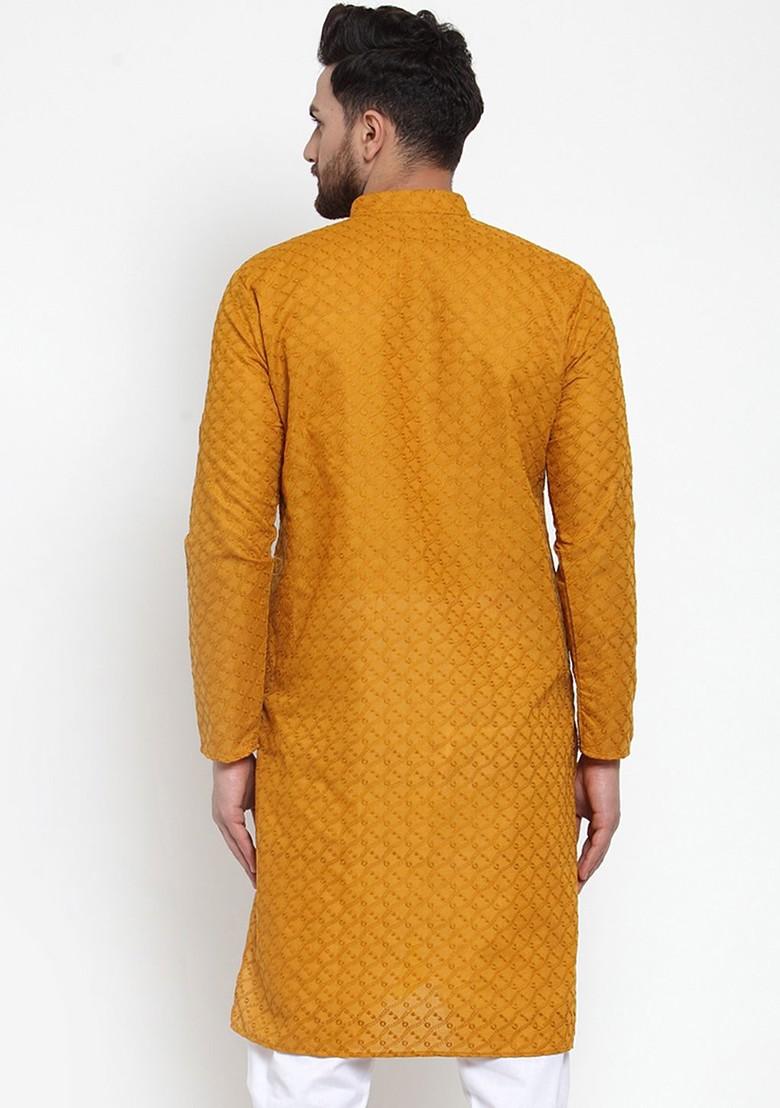 Yellow Printed Poly Blend Kurta For Men