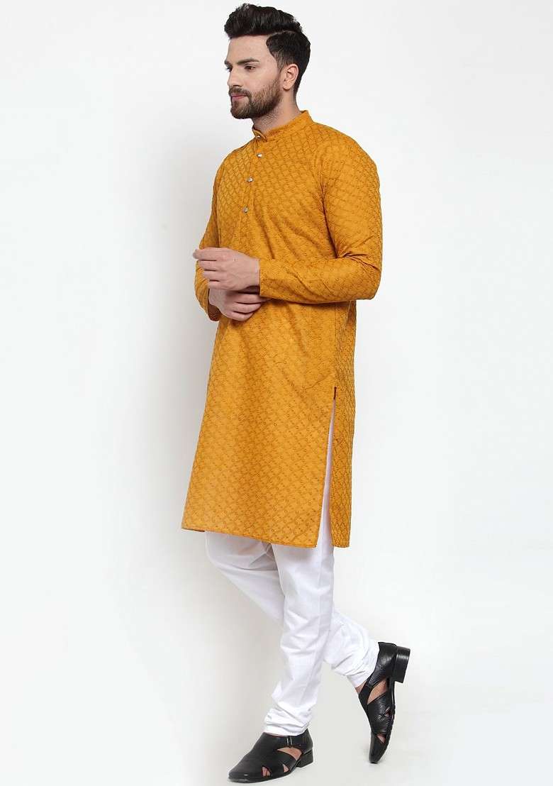 Yellow Printed Poly Blend Kurta For Men - Indya