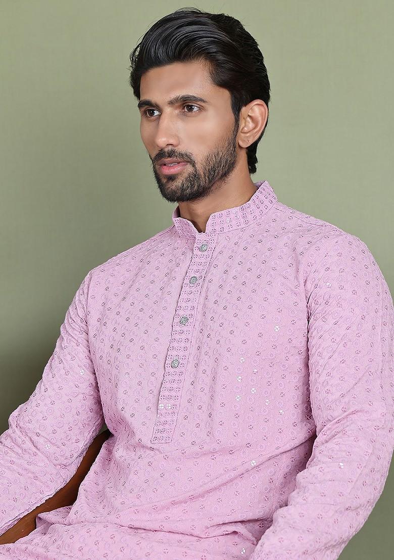 Pink Embroidered Poly Blend Kurta For Men