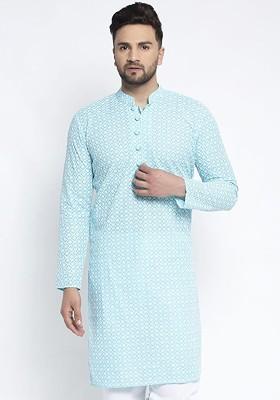 Turquoise Blue Woven Design Poly Blend Kurta For Men
