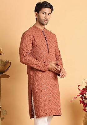 Rust Brown Embroidered Poly Blend Kurta For Men
